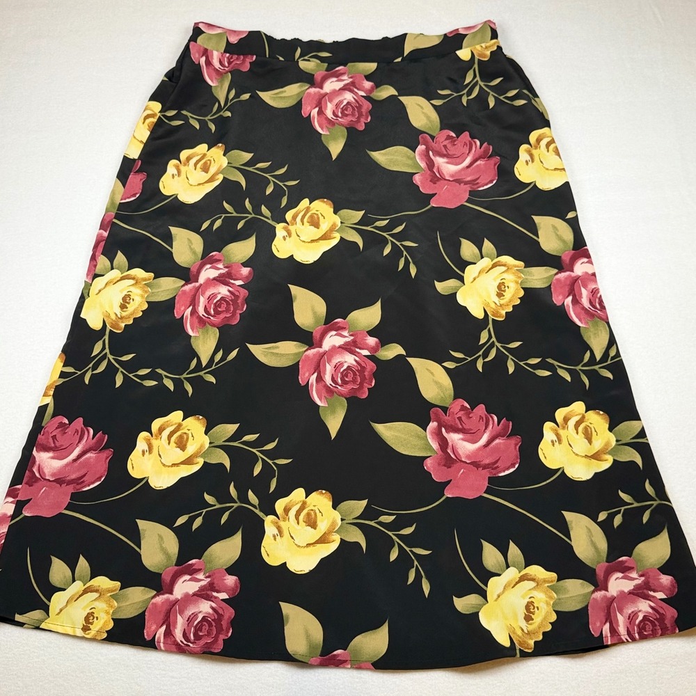 More Promises Vintage Floral Midi Skirt Black Pink Yellow Rose Print Size 16W